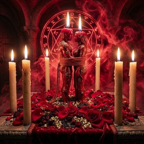 Figuras de amarre unidas con cuerda sobre altar ritual con velas y pétalos de rosa